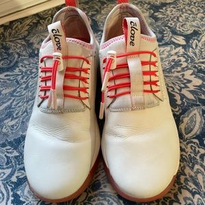 Clove nursing/healthcare shoes. Rainbow bottoms. Pink laces.